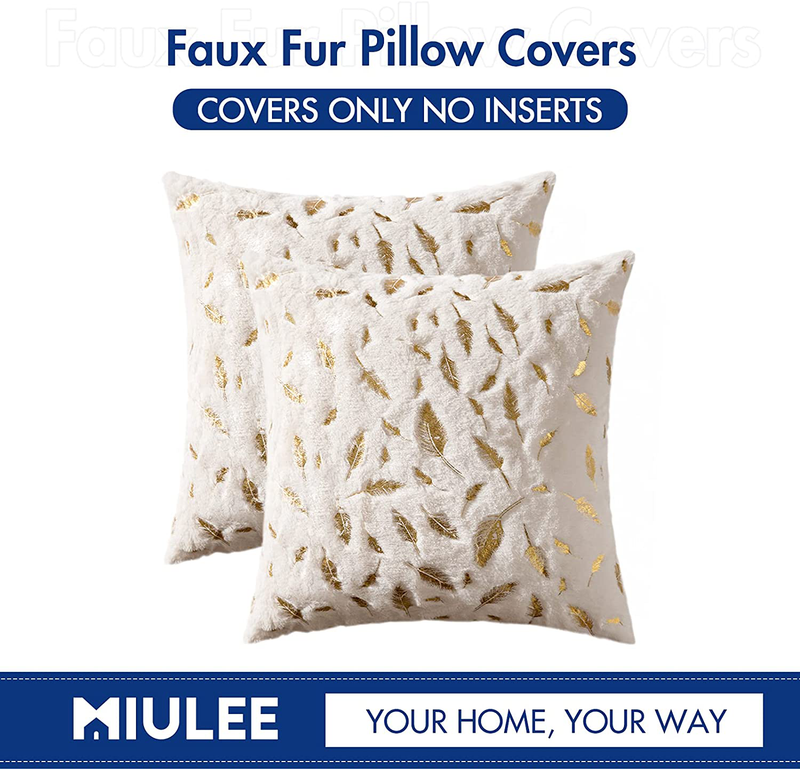 MIULEE Pack of 2 Decorative Throw Pillow Covers Plush Faux Fur with Gold Feathers Gilding Leaves Cushion Covers Cases Soft Fuzzy Cute Pillowcase for Couch Sofa Bed, 18 X 18 Inch, Ivory Home & Garden > Decor > Chair & Sofa Cushions MIULEE   