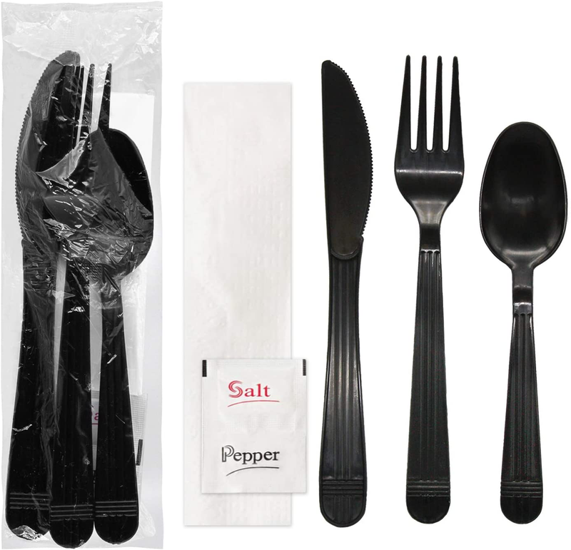 Party Essentials Individually Wrapped Black Plastic Cutlery Packets/ Heavy Duty Silverware Kits, Fork/ Spoon/ Knife/ Napkin/ Salt/ Pepper, 50 Sets Home & Garden > Kitchen & Dining > Tableware > Flatware > Flatware Sets Party Essentials Black Fork/ Spoon/ Knife/ Napkin/ S&P, 50 Sets 