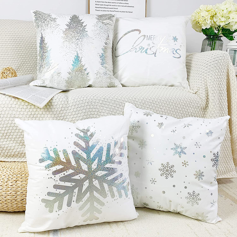Neatblanc Pack of 4 Decorative Throw Pillow Case Cushion Cover Gold Stamping Leaves 18 X 18 Inches 45 X 45 Cm for Couch Bedroom Car Home & Garden > Decor > Chair & Sofa Cushions NeatBlanc Silver Stamping Snowflakes  