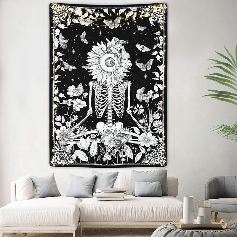 Skull Tapestry Meditation Skeleton Tapestry Angel Skull Stars Tapestry Sun Moon Tapestry 12 Constellation Tapestry Black and White Wall Hanging for Room (51.2 x 59.1 inches) Home & Garden > Decor > Artwork > Decorative Tapestries Livole Black and White 1 59.1'' x 82.7'' 