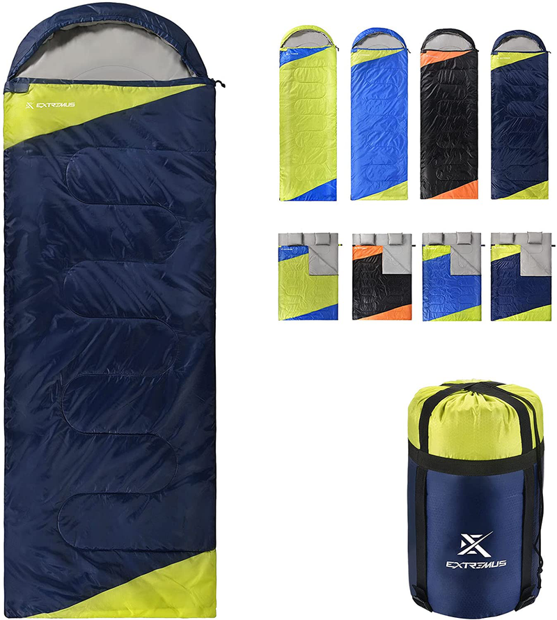 Extremus Rectangular Camping Sleeping Bag, 3-Season Comfort, Single/Double Backpacking Sleeping Bags for Adults, Lightweight, Water Repellency,Camping Gear, Stuff Sack with Compression Straps Included Sporting Goods > Outdoor Recreation > Camping & Hiking > Sleeping Bags Extremus A: Single-Navy Blue/Chartreuse  