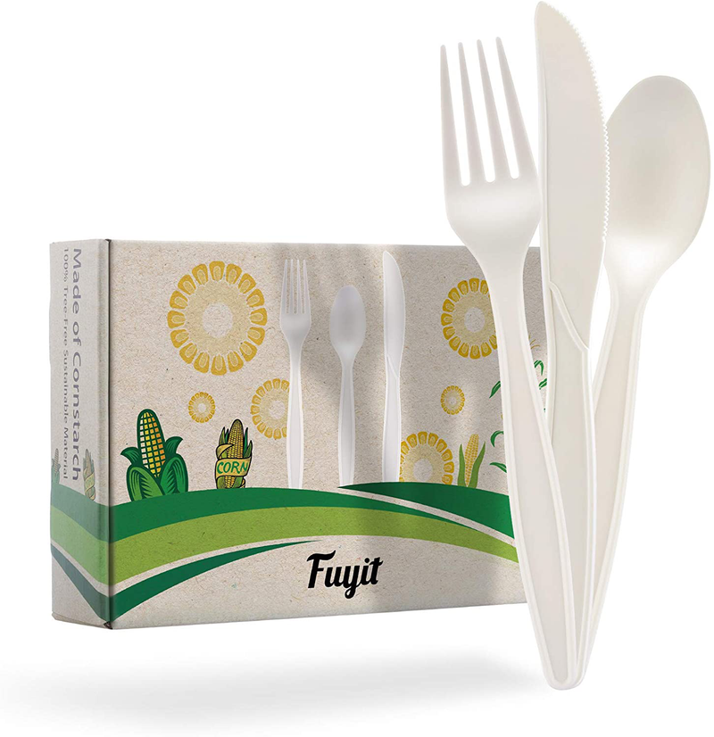 Fuyit 150 Count Compostable Cutlery Set, Disposable Biodegradable Utensils Eco-friendly Durable Cornstarch Flatware Includes 50 Forks, Knives & Spoons for Party, BBQ, Picnic & Potlucks (White)