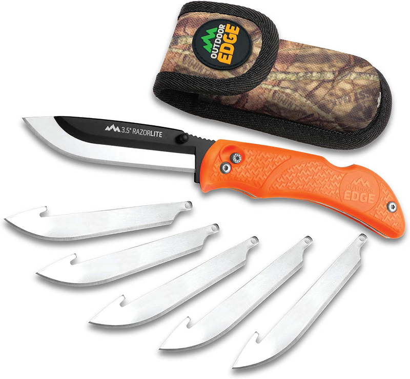 Outdoor Edge RazorLite - Replaceable Blade Folding Hunting Knife with Rubberized Nonslip TPR Handle, 6-Blades and Nylon Belt Sheath (Orange)  Outdoor Edge Orange  