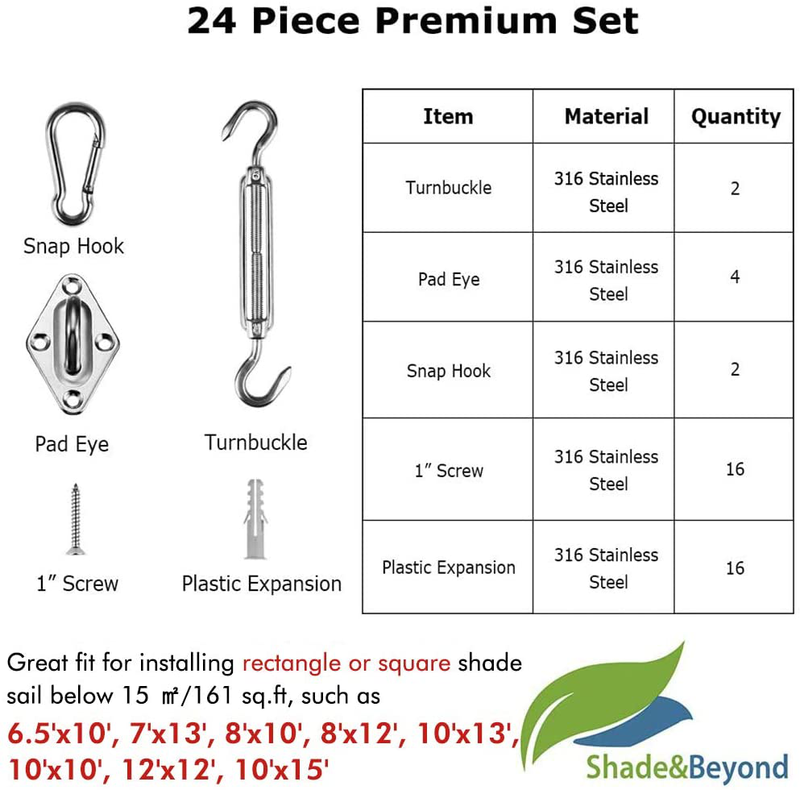Shade&Beyond 316 Marine Grade Shade Sail Hardware Kit 5 inch for Rectangle and Square Sun Shade Sails Installation, 24 Pcs Home & Garden > Lawn & Garden > Outdoor Living > Outdoor Umbrella & Sunshade Accessories Shade&Beyond   