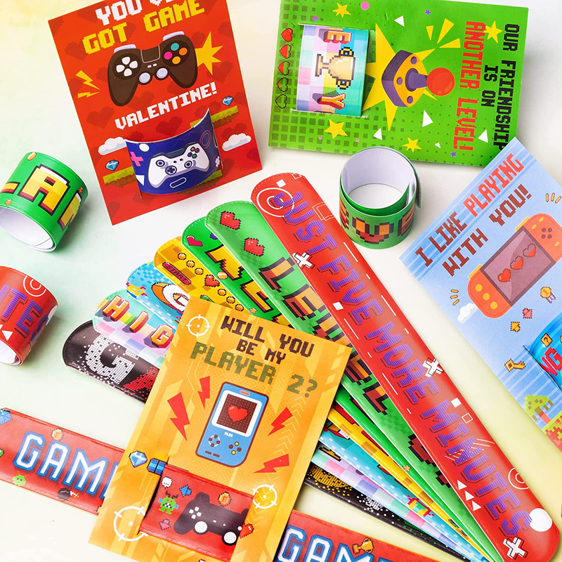 Haooryx 28Pcs Valentine’S Day Cards with Slap Bracelet for Kids, Video Game Slap Bracelets Valentines Greeting Cards for Student School Classroom Gift Exchange Video Game Birthday Party Favor Supplies
