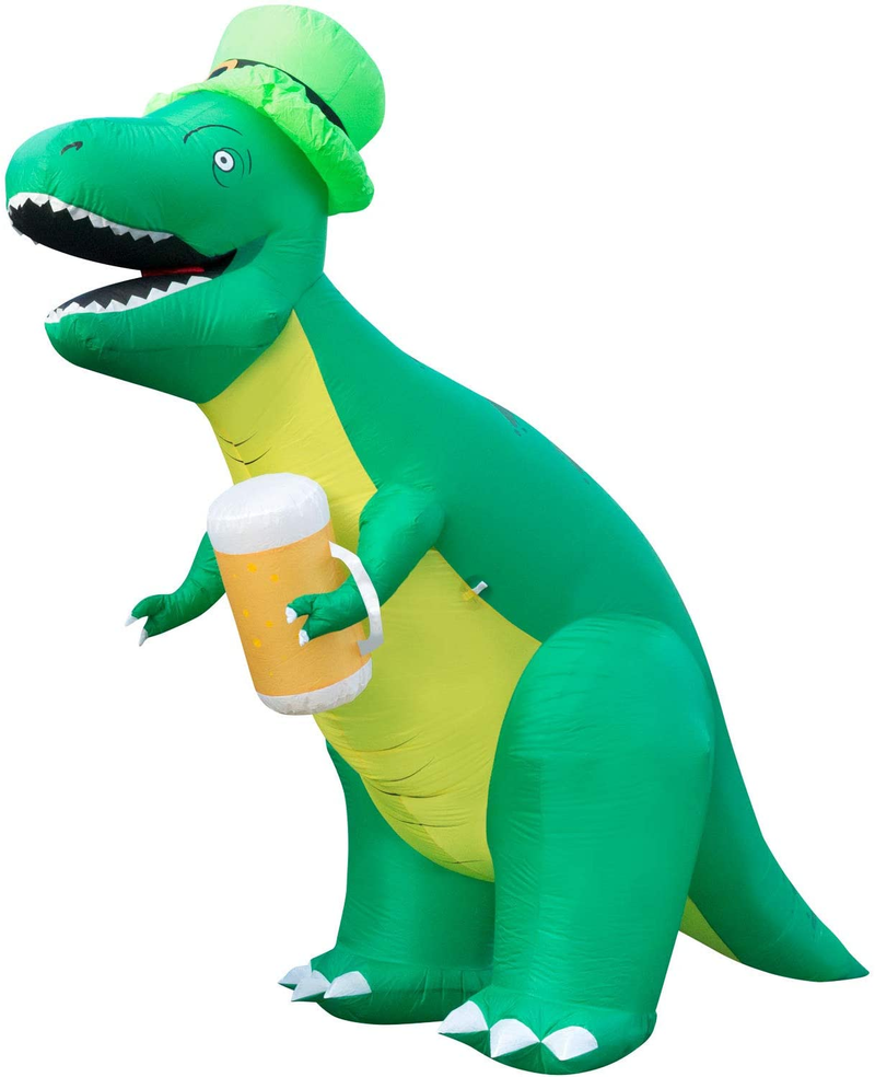 Holidayana 8Ft St Patricks Day Inflatable Trex - Dinosaur in Leprechaun Hat Holding Beer Mug Blow up Yard Decoration, Includes Built-In Bulbs, Tie-Down Points, and Powerful Built-In Fan
