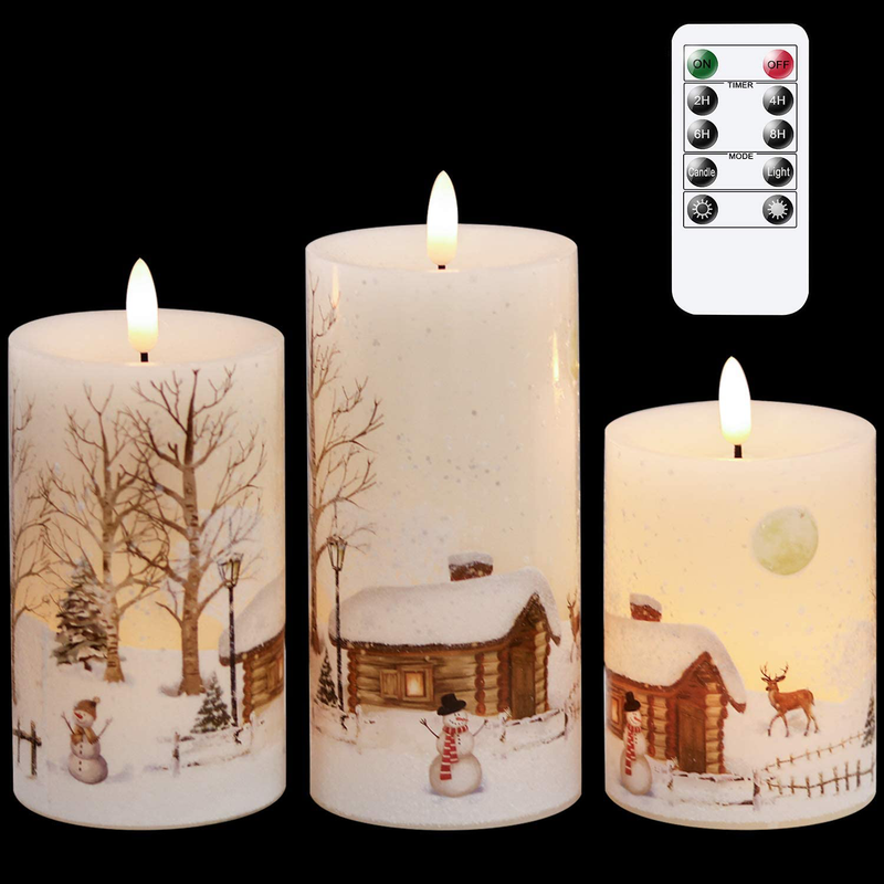 GenSwin Christmas Snowman Flameless Candles Flickering Battery Operated with Timer, Real Wax Led Pillar Candles Warm Light, Christmas Snowman Deer Home Decor Gift(Pack of 3) Home & Garden > Decor > Home Fragrances > Candles GenSwin 3d Wick Snowman  