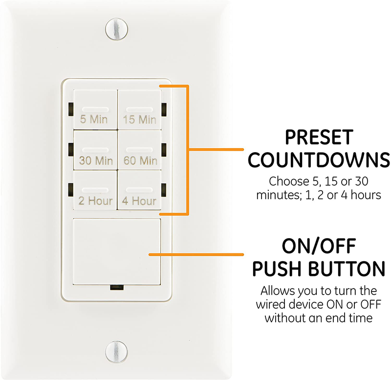 GE Push-Button Countdown Timer Switch, 5-15-30 Minute/1-2-4 Hour, ON/Off, No Neutral Wire Needed, Ideal for Lights, Exhaust Fans, Heaters, Wall Plate Included, 15318 , White Home & Garden > Lighting Accessories > Lighting Timers Jasco Products Company, LLC   