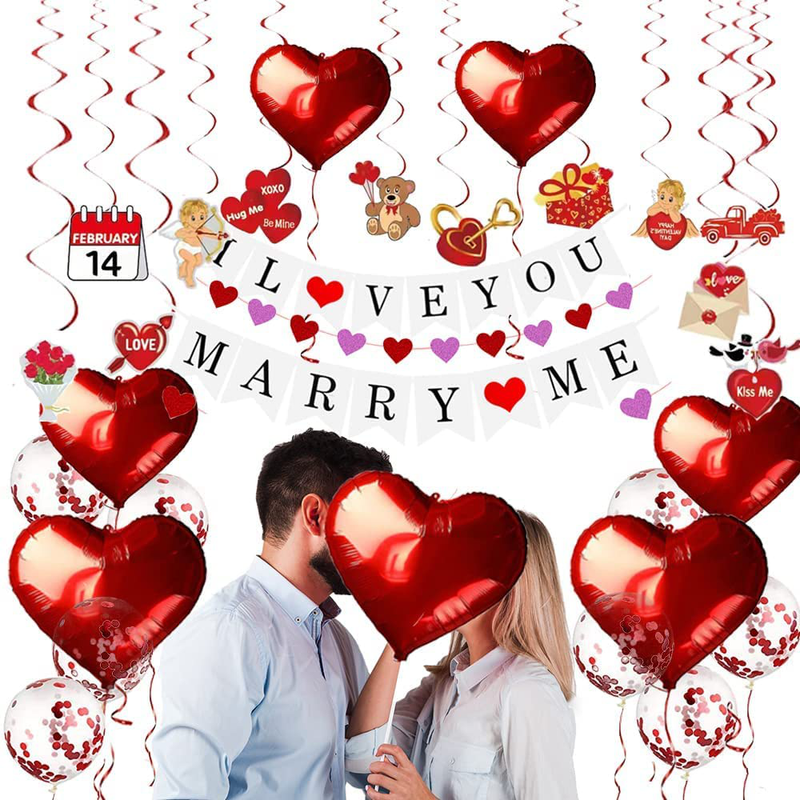 HOAORI Valentines Day Decoration, Valentine'S Day Decor Anniversary Decorations Romantic Special Night Proposal Decorations, Red Heart Balloons, I Love You Sign Home & Garden > Decor > Seasonal & Holiday Decorations HOAORI   
