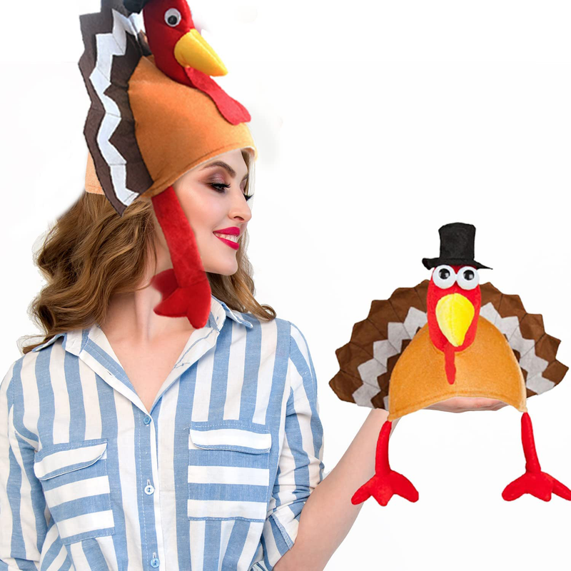 Thanksgiving Turkey Hat 2 Packs, Gobbler Festival Roast Turkey Hat with Head, Tail, and Legs Fancy Dress Accessory, Xmas & Thanksgiving Party Hat, Stuffed Plush Turkey Costume Orange