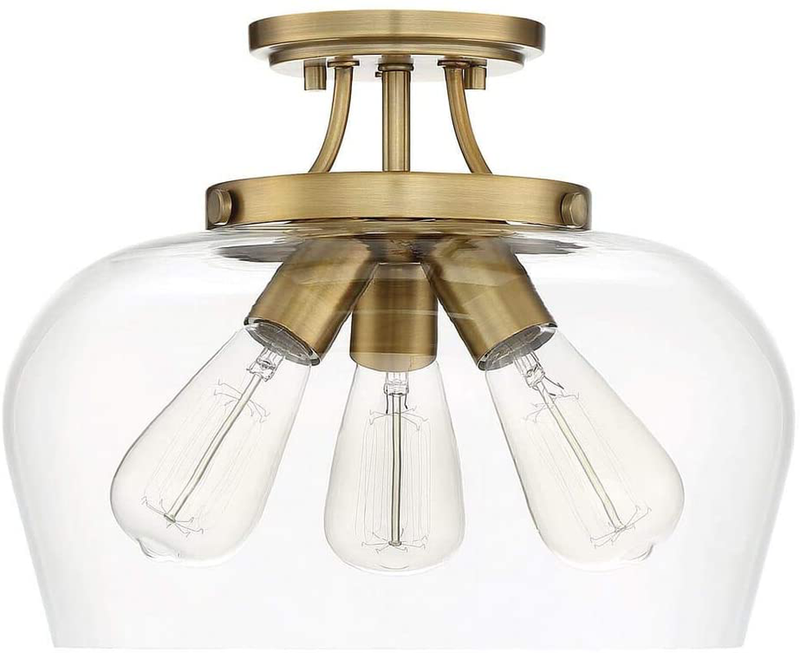 Modern Farmhouse Industrial Vintage Clear Glass Shade Ceiling Light Fixture, 3 Bulb New Brass Semi Flush Mount Ceiling Lighting, Dimmable and LED Compatible