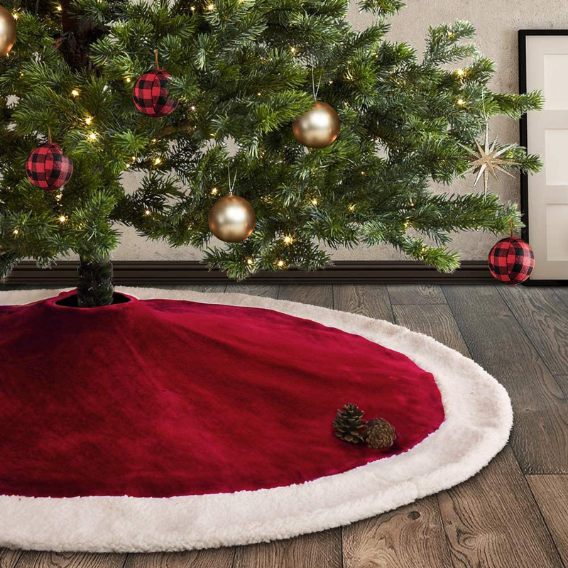 Meriwoods Plush Velvet Sherpa Christmas Tree Skirt 48 Inch, Large Classic Tree Collar, Country Rustic Indoor Xmas Decorations, Red & Cream White Home & Garden > Decor > Seasonal & Holiday Decorations > Christmas Tree Skirts Meriwoods Default Title  