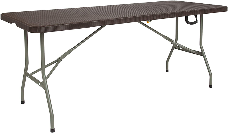 Flash Furniture 4-Foot Height Adjustable Bi-Fold Brown Wood Grain Plastic Folding Table with Carrying Handle Sporting Goods > Outdoor Recreation > Camping & Hiking > Camp Furniture Flash Furniture Brown Standard 6 Foot