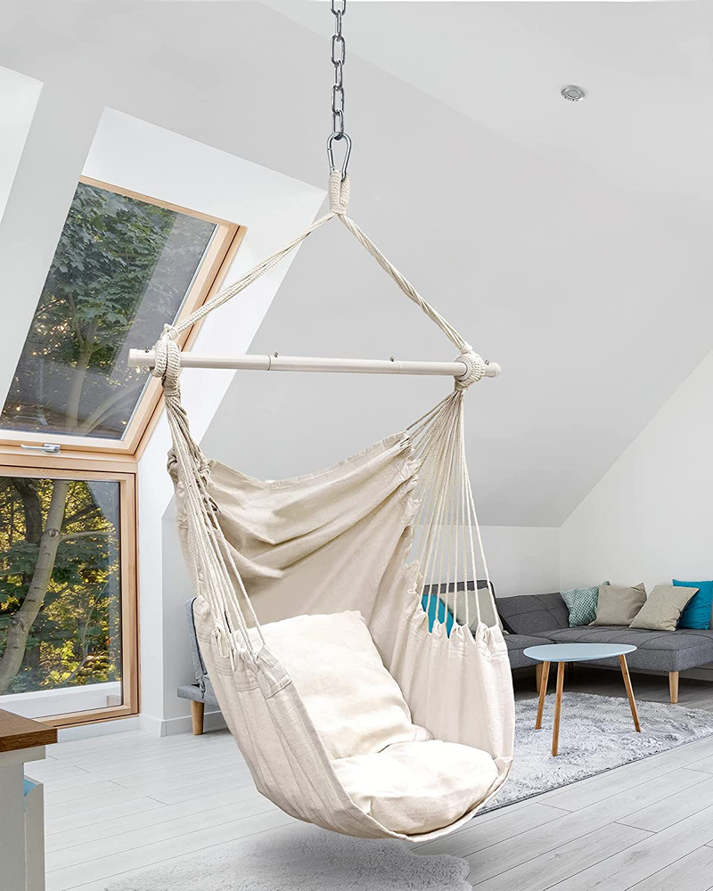 FiveJoy Hammock Chair Hanging Rope Swing, Hammock Swing Chair with Premium Carbon Steel Spreader Bar, Max 330 Lbs, 2 Cushions Included, Macrame Hanging Chair for Indoor, Outdoor, Beige Home & Garden > Lawn & Garden > Outdoor Living > Hammocks FiveJoy   