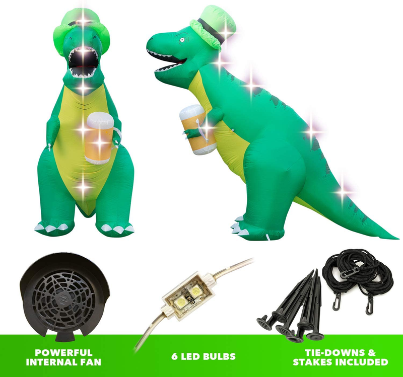 Holidayana 8Ft St Patricks Day Inflatable Trex - Dinosaur in Leprechaun Hat Holding Beer Mug Blow up Yard Decoration, Includes Built-In Bulbs, Tie-Down Points, and Powerful Built-In Fan Arts & Entertainment > Party & Celebration > Party Supplies Holidayana   