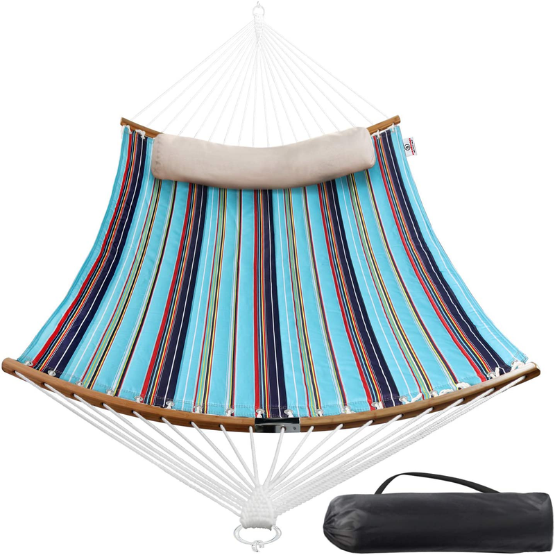 Double Hammock Indoor and Outdoor Hammock w/Foldable Bar & Detachable Pillow, Durable & Easy to Maintain Quilted Fabric, Curved Bar Design Ensures Comfort and Safety