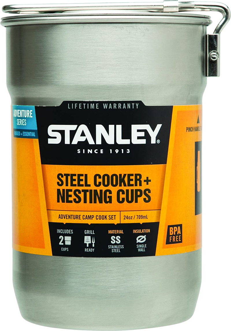 Stanley Adventure Camp Cook Set - 24Oz Kettle with 2 Cups - Stainless Steel Camping Cookware with Vented Lids & Foldable + Locking Handle - Lightweight Cook Pot for Backpacking/Hiking/Camping Sporting Goods > Outdoor Recreation > Camping & Hiking > Tent Accessories Stanley   