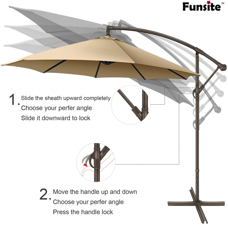 Funsite 10FT Cantilever Patio Umbrella, Offset Hanging Umbrella with Crank & Cross Base, Offset Patio Umbrella Cantilever for Garden, Lawn, Deck, Backyard & Pool, Tan