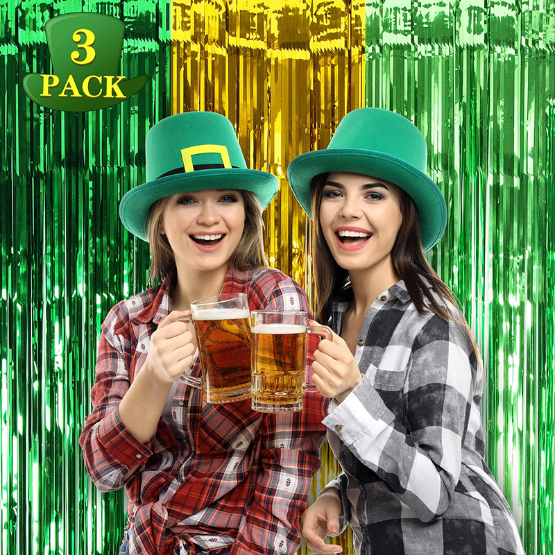 Lolstar 3 Pack St. Patrick'S Day Foil Fringe Curtains St Patrick'S Day Party Decoration 3.3 X 8.2 Ft Green Gold Light Green Tinsel Fringe Curtain Photo Booth, Streamer Backdrop for Irish Theme Decor