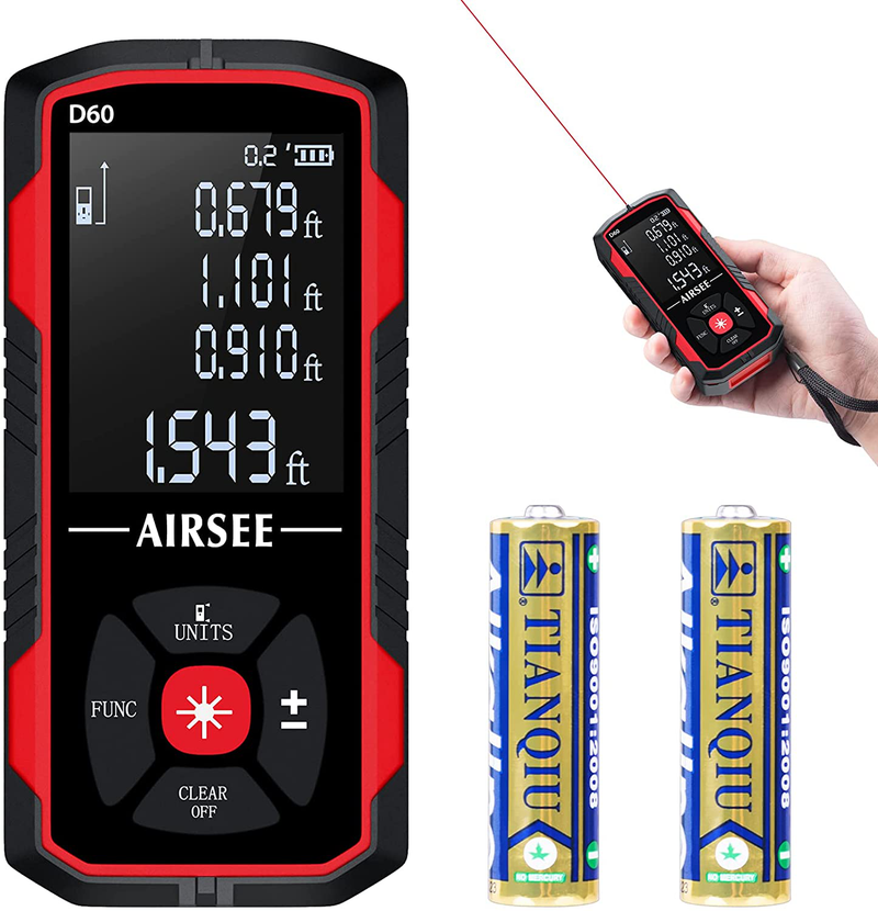Laser Measure, AIRSEE Laser Distance Measure 196Ft, 50 Sets Data Storage, M/In/Ft Unit Switch, Backlit LCD, Distance, Area, Volume Laser Measurement Tool, Carry Pouch, Battery, Reflect Plate Included Hardware > Tools > Measuring Tools & Sensors AIRSEE 50 Sets Data Storage 196Ft (60m) 