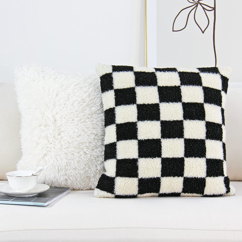 JOJUSIS Decorative Throw Pillow Covers Luxury Style Checkerboard Pattern Cushion Case Super Soft Faux Fur Wool Pillowcases for Couch Bedroom Pack of 2 18 X 18 Inch Home & Garden > Decor > Chair & Sofa Cushions JOJUSIS   