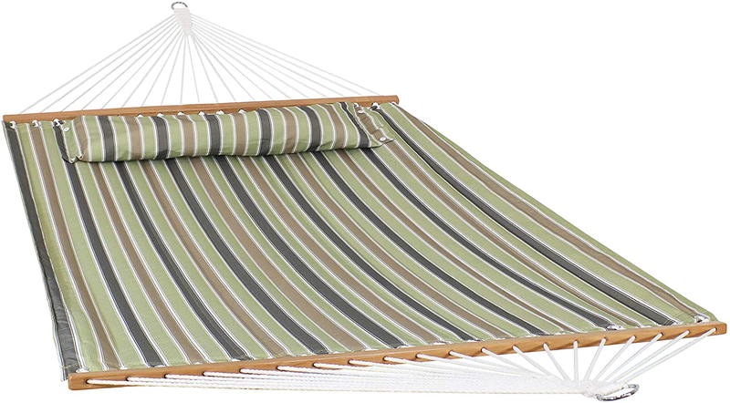 Sunnydaze 2-Person Quilted Printed Fabric Spreader Bar Hammock and Pillow - Large Modern Cloth Hammock with Metal S Hooks and Hanging Chains - Heavy Duty 450-Pound Water Capacity - Khaki Stripe Home & Garden > Lawn & Garden > Outdoor Living > Hammocks Sunnydaze Khaki Stripe  