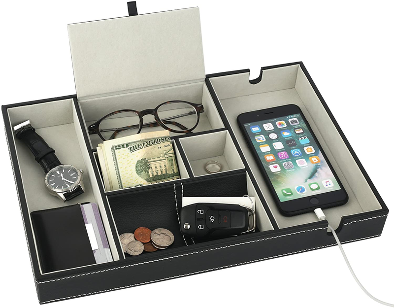 Mantello Valet Tray Nightstand Organizer - Top Dresser Holders for Wallet, Phone, Keys, Jewelry, Money, Accessories - Made from Faux PU Leather Lined with Grey Suede, Anti-Scratch Felt Bottom - Black Home & Garden > Decor > Decorative Trays Mantello Default Title  