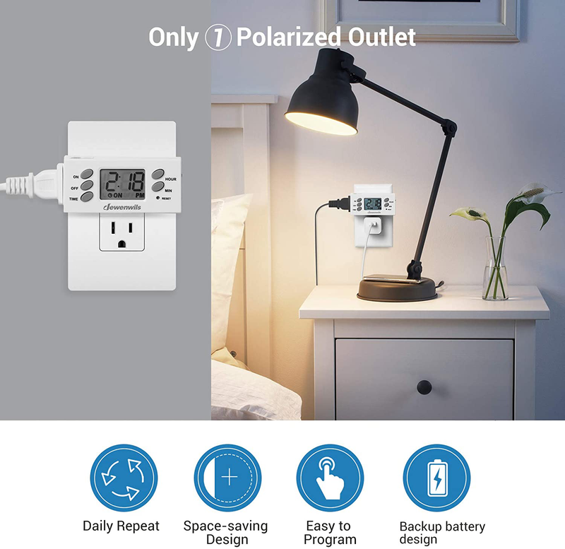 DEWENWILS Indoor Plug in Outlet Timer, Digital Programmable Plug in Lamp Timer Switch with 1 Polarized Outlet, Space Saving Bar Timer for Lights, Aquarium, 1/2 HP UL Listed, Pack of 2