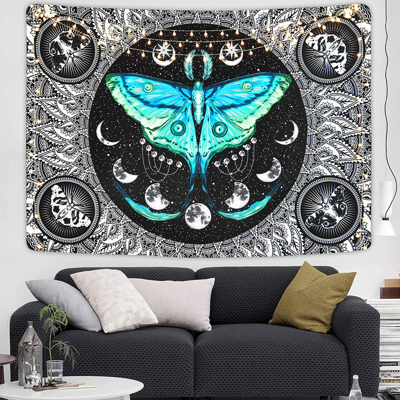 Moth Tapestry Moon Phase Tapestry Psychedelic Eyes Tapestry Moon and Stars Tapestry Black and White Tapestry Wall Hanging for Room(51.2 x 59.1 inches) Home & Garden > Decor > Artwork > Decorative Tapestries Boniboni Black and White 36.02" x 48.03" 