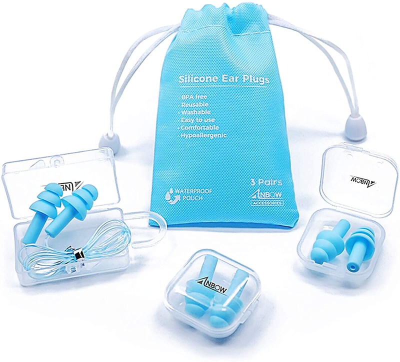 Reusable Silicone Ear Plugs - ANBOW Waterproof Noise Reduction Earplugs for Sleeping, Swimming, Snoring, Concerts, 32dB Highest NRR, 3 Pairs with Bonus Travel Pouch Sporting Goods > Outdoor Recreation > Boating & Water Sports > Swimming ANBOW Default Title  