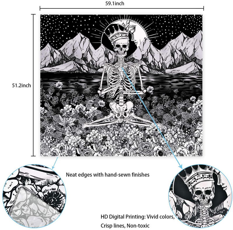Skull Floral Tapestry Meditation Skeleton Tapestries Mountain Wave Tapestry Moon and Star Tarot Tapestry Starry Black and White Tapestry(51.2 x 59.1 inches)