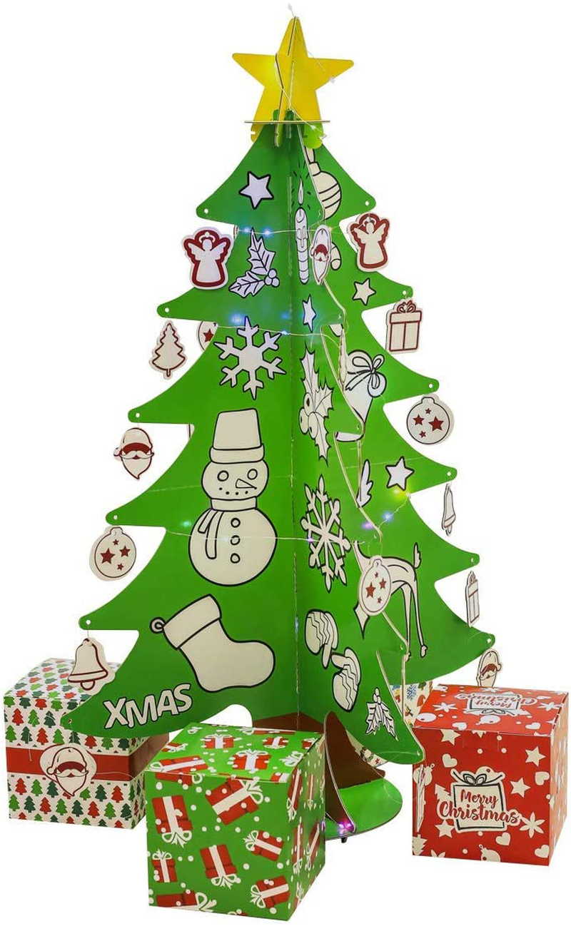 PickMe DIY Craft Christmas Tree for Kids | Mini 3D Coloring Xmas Tree with 24 Ornaments, 12 Washable Markers, 4 Gift Boxes, 3M LED Strip Light | for Home & Classroom (6Pcs 2.95ft) Home & Garden > Decor > Seasonal & Holiday Decorations > Christmas Tree Stands PickMe 19.6-Inch  