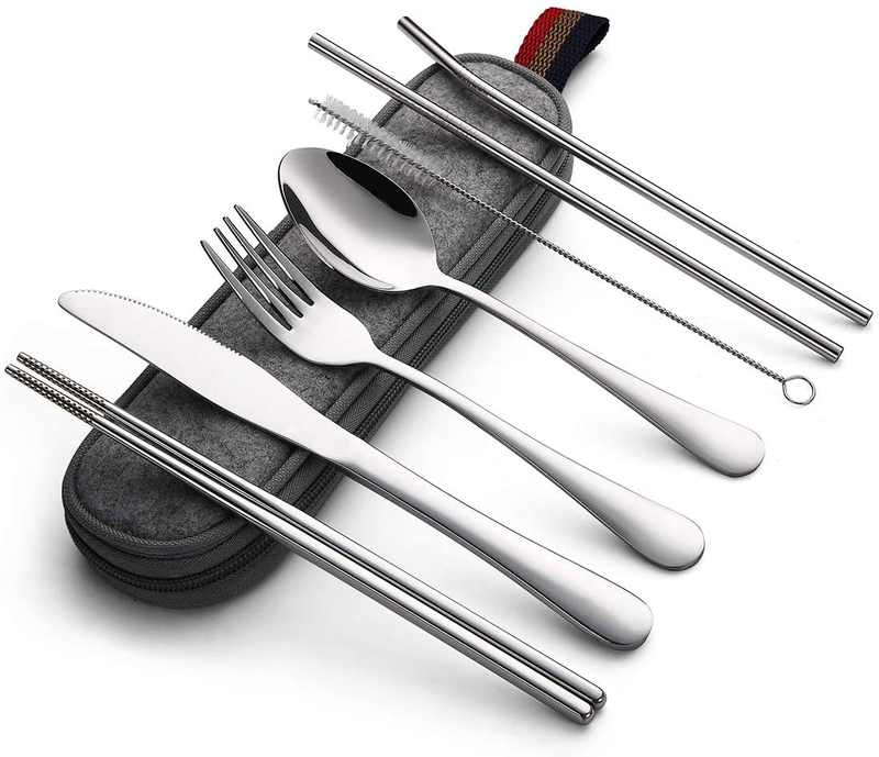 DEVICO Portable Utensils, Travel Camping Cutlery Set, 8-Piece including Knife Fork Spoon Chopsticks Cleaning Brush Straws Portable Case, Stainless Steel Flatware set (Silver) Home & Garden > Kitchen & Dining > Tableware > Flatware > Flatware Sets DEVICO Silver  