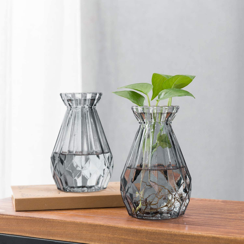 MyGift 6 Inch Decorative Clear Gray Glass Diamond-Faceted Flower Vases, Set of 2 Home & Garden > Decor > Vases MyGift   