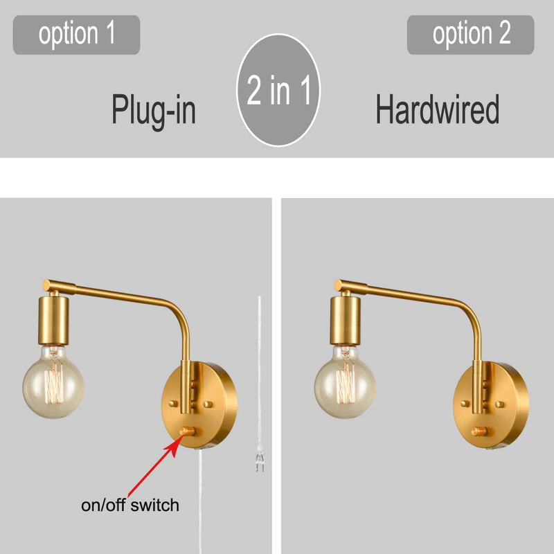 DANSEER Edison Brass Wall Sconces Set of Two Sconce Plug in with Switch Swing Arm