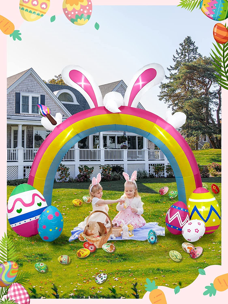 TOROKOM 10FT Easter Inflatable Bunny Colorful Eggs Rainbow Archway Decorations with Build-In Leds, Blow up Yard Decoration Easter Inflatables for Party Indoor, Outdoor, Lawn, Garden Decor