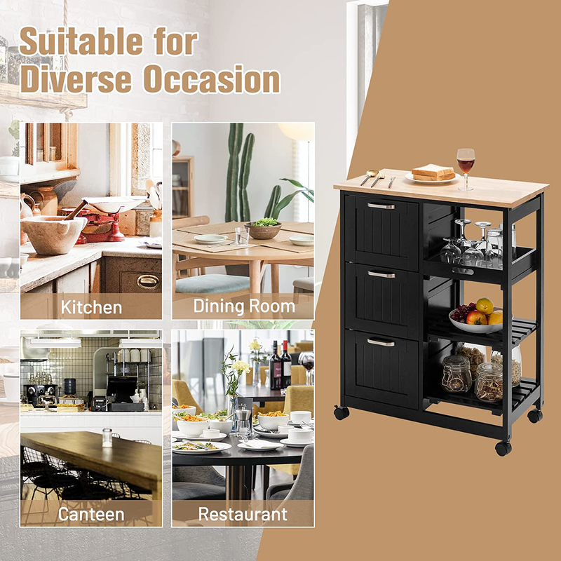COSTWAY Kitchen Storage Island Cart on Wheels, Kitchen Rolling Trolley Cart with 3 Drawers and Shelves, 360° Wheels & Detachable Tray, Utility Cart for Dining Room, Living Room & Bedroom (Black) Home & Garden > Kitchen & Dining > Food Storage COSTWAY   