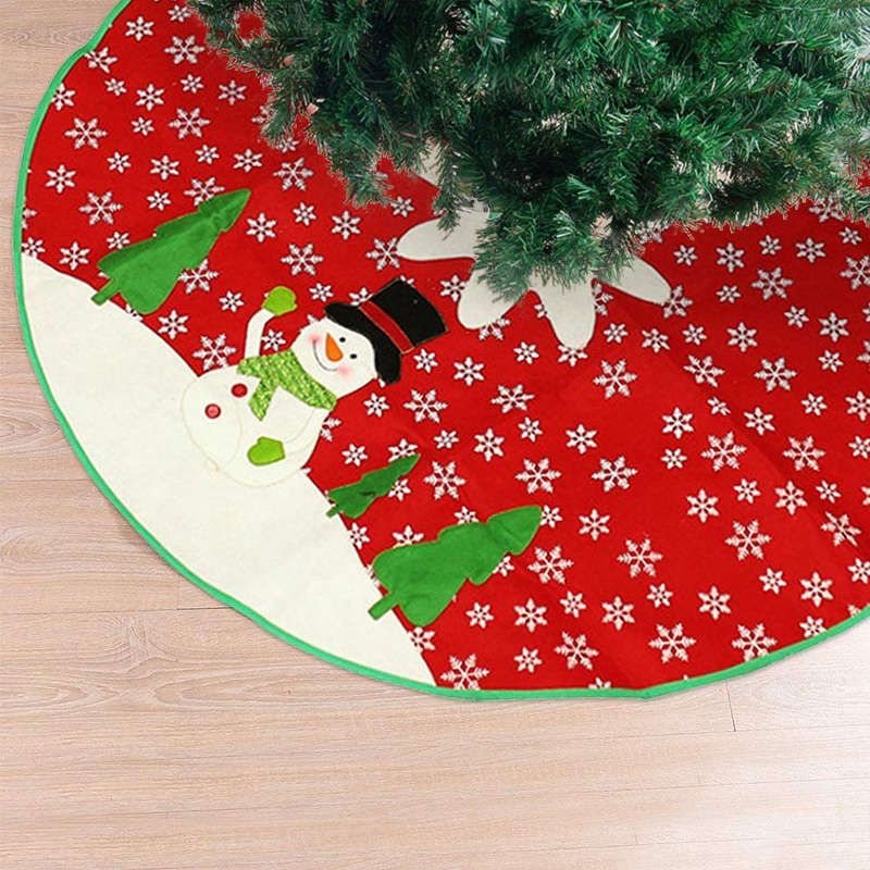 Red Tree Skirt Large Xmas Tree Skirt with White Snowman and Snowflake Design Round Indoor Outdoor Mat for Party Holiday Decorations(40 Inches)