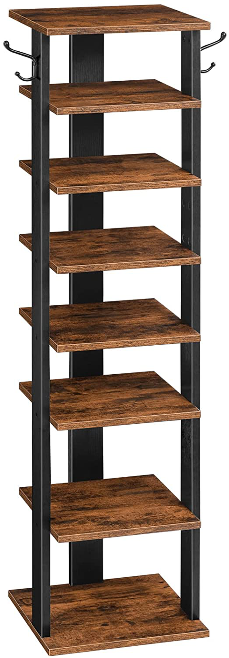 HOOBRO Vertical Shoe Rack, 8 Tier Shoe Storage Organizer with Hooks, Narrow Shoe Rack for 8 Pairs, Space Saving, Stable and Strong, for Entryway, Living Room, Bedroom, Rustic Brown BF07XJ01 Furniture > Cabinets & Storage > Armoires & Wardrobes HOOBRO   