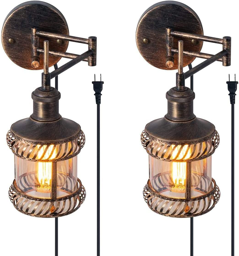 Swing Arm Wall Lamp, 2-In-1 270 Angle Adjustable Industrial Rustic Wall Sconces with Plug in Hardwired On/Off Switch Glass Shade Retro Iron Wall Light Fixtures for Bedside Bedroom Bathroom Living Room