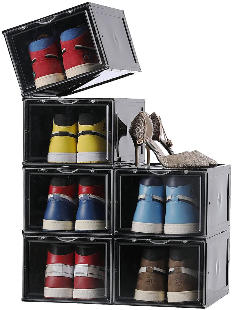 Clemate Shoe Storage Box,Set of 6,Shoe Box Clear Plastic Stackable,Drop Front Shoe Box with Clear Door,Shoe Organizer and Shoe Containers for Sneaker Display,Fit up to US Size 12(13.4”X 9.84”X 7.1”) Furniture > Cabinets & Storage > Armoires & Wardrobes Clemate Black-6Pack  