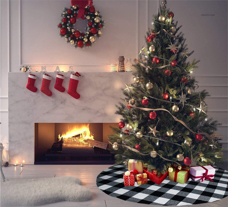 Senneny 48 Inch Buffalo Plaid Christmas Tree Skirt - Larger 3 Inch Black and White Checked Tree Skirts Mat for Christmas Holiday Party Decorations - 4 ft Diameter (48 Inch, Black and White) Home & Garden > Decor > Seasonal & Holiday Decorations > Christmas Tree Skirts Senneny   