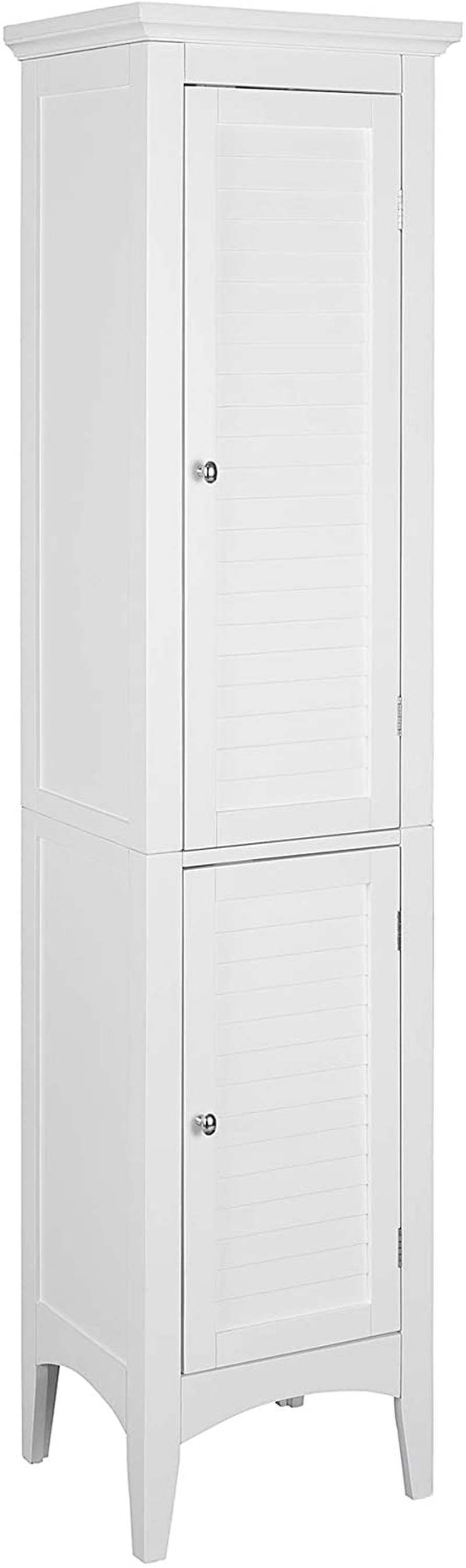 Elegant Home Fashions Glancy Linen Tower Freestanding Cabinet Tall Narrow Bathroom Kitchen Living Room Storage with 2 Shutter Doors 5 Tier Shelves, White