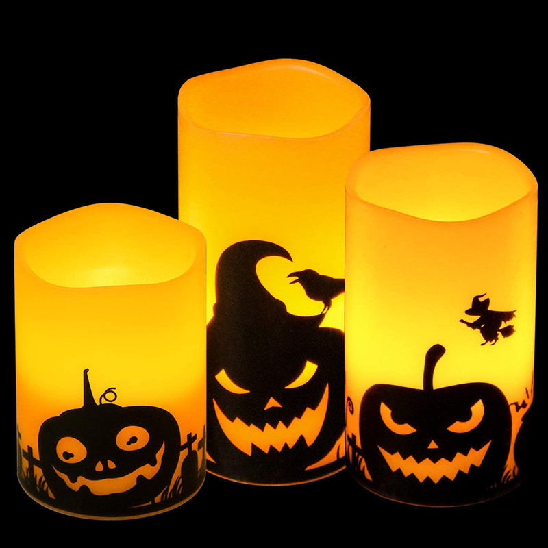 DRomance Flameless Flickering Candles Battery Operated with 6 Hour Timer, Set of 3 Real Wax LED Pillar Candles Warm Light with Castle, Witch, Bats Decal Halloween Decor Candles for Kids(D3" x H6") Arts & Entertainment > Party & Celebration > Party Supplies DRomance Pumpkin Smiling Face Decals  