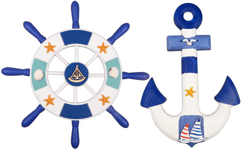 Meching 2 Pack 11" Nautical Beach Wooden Ship Wheel and 13" Wood Anchor with Rope Nautical Boat Steering Rudder Wall Decor Door Hanging Ornament Beach Theme Home Decoration(Dark Blue) Home & Garden > Decor > Artwork > Sculptures & Statues Meching Blue&White  