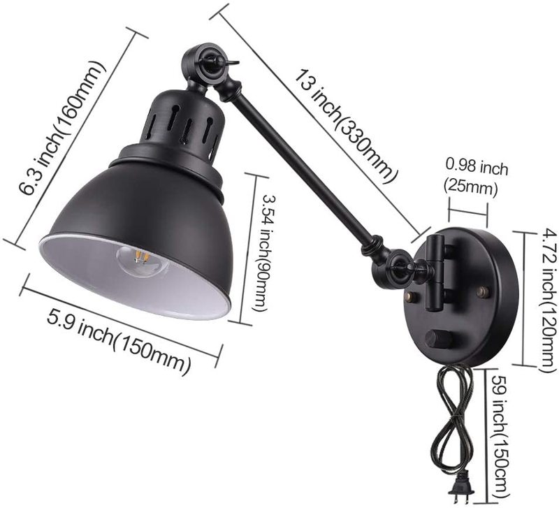 Plug in Wall Sconces Set of 2, Tausende Swing Arm Wall Lamp with Plug in Cord Industrial Black Wall Sconce Fixture with On/Off Switch Indoor Wall Mounted Reading Lighting Fixture for Bedroom Bedside Home & Garden > Lighting > Lighting Fixtures > Wall Light Fixtures KOL DEALS   