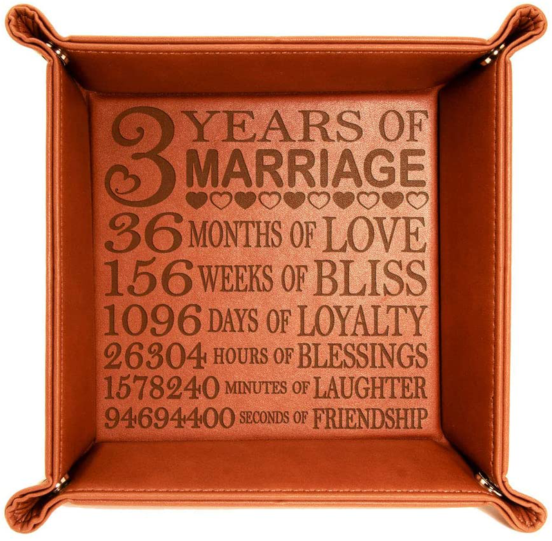 Kate Posh - 3 Years of Marriage Engraved Leather Catchall Valet Tray, Our 3rd Wedding Anniversary, 3 Years as Husband & Wife, Gifts for Her, for Him, for Couples (Rawhide)