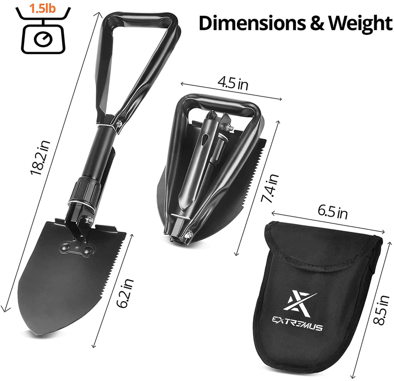 Extremus Trench Folding Camping Shovel, Military Emergency Shovel, Firefighting Shovel, Trenching Tool, Portable Shovel, Great for Backpacking, Carbon Steel Handle and Blade, Folds to 8”, Storage Bag.