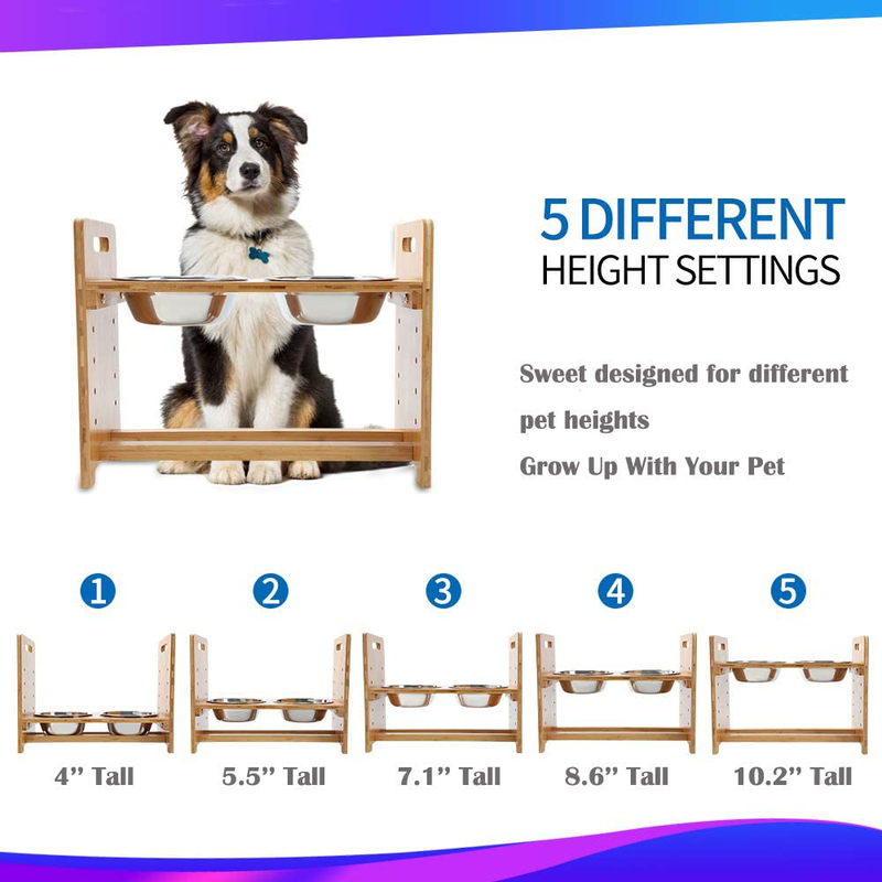 FOREYY Adjustable Raised Pet Stand for Cats and Dogs with 4 Bowls, Bamboo Elevated Dog Cat Food and Water Bowls Stand Feeder with 4 Stainless Steel Bowls and Anti Slip Feet
