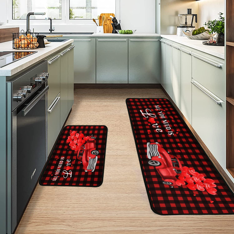 Kitchen Rugs and Mats Sets of 2 ,Valentine'S Day Kitchen Rugs Red Truck Love Heart Buffalo Plaid Decoration Non-Slip Rugs,Rubber Backing Waterproof Floor Mat,17.7X23.6+17.7X47.2Inch Home & Garden > Decor > Seasonal & Holiday Decorations Faptoena   